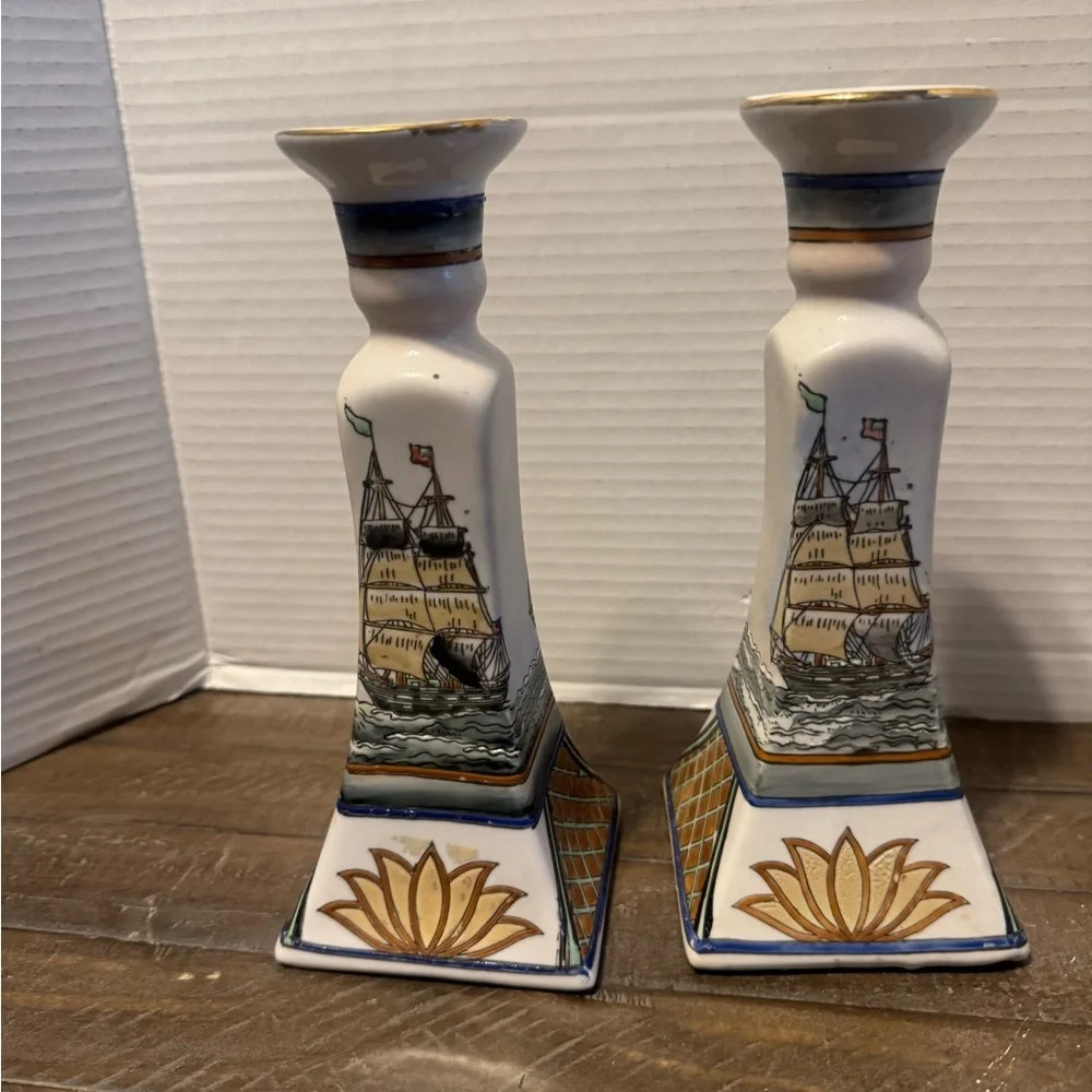 Vintage Nautical Themed Ceramic Candle Holders - White and Gold